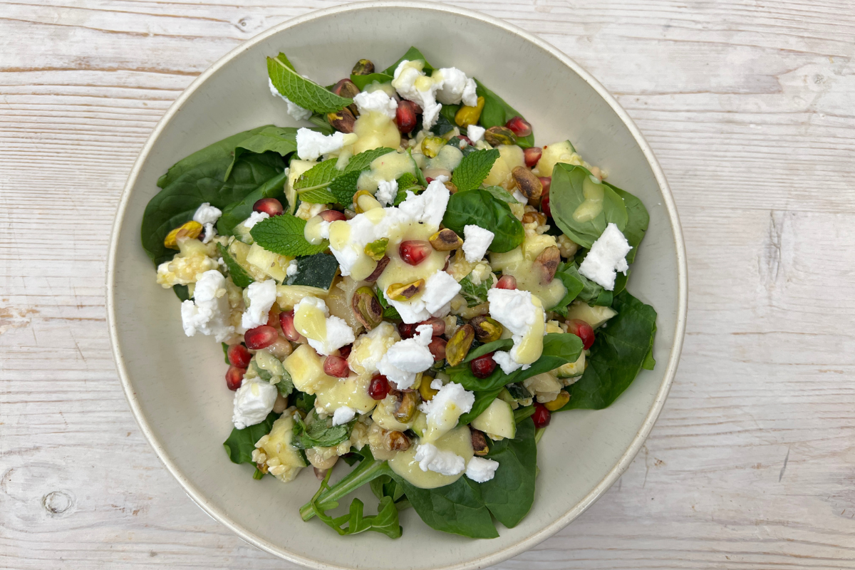 recipe image White bean, Courgette and Violife Greek White salad with Violife Creamy Lemon dressing..