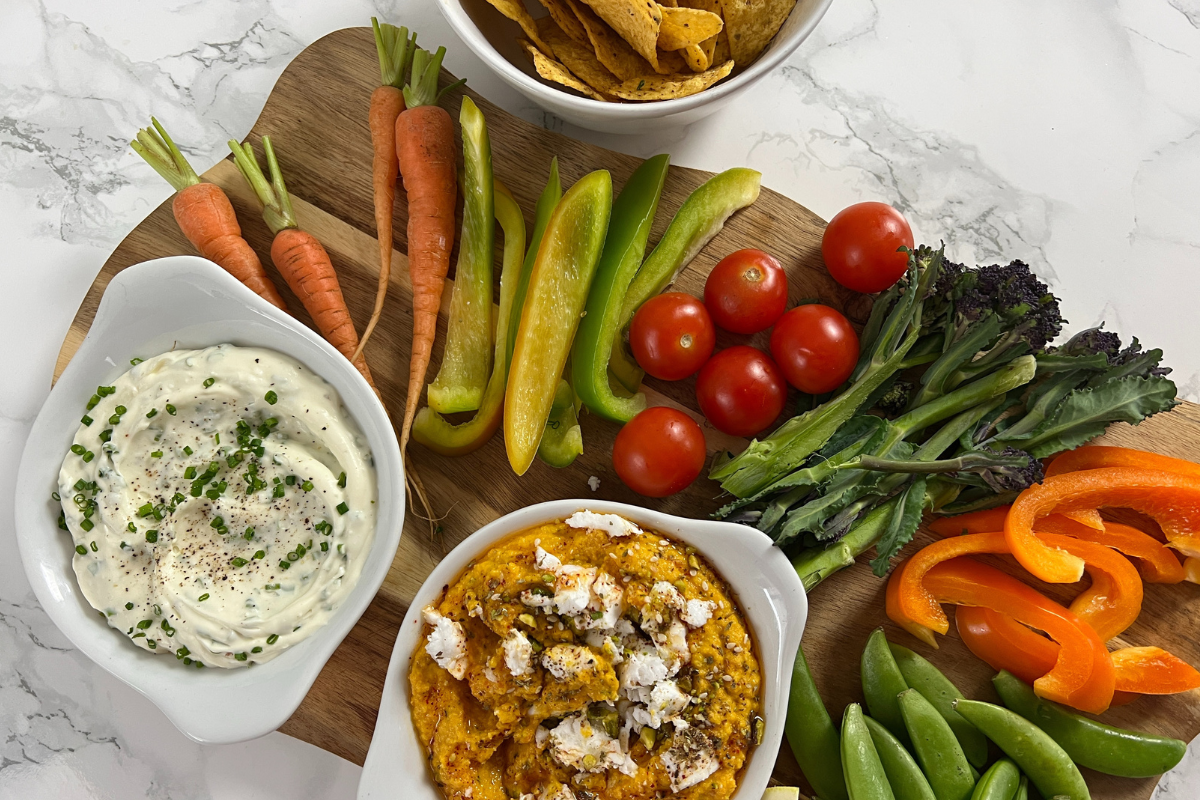 recipe image Creamy Chive Dip & Roasted Carrot Houmous
