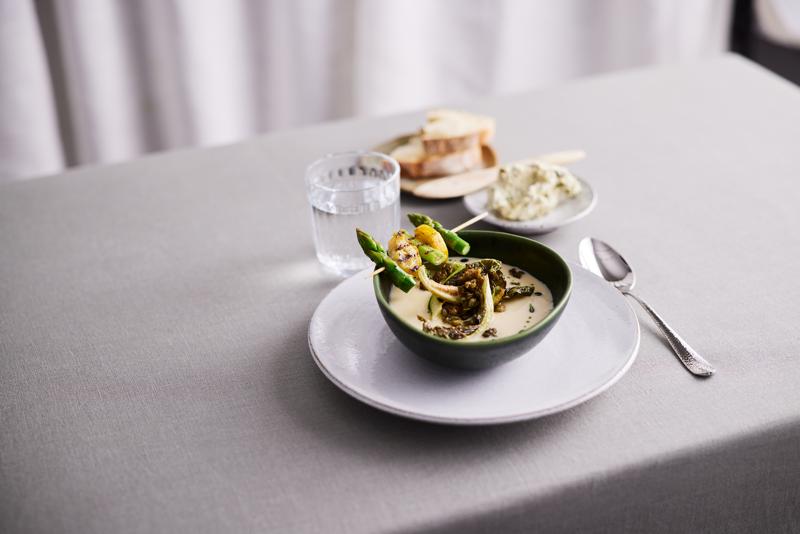 recipe image cauliflower-soup-with-vegetable-skewers-and-spiced-plant-butter